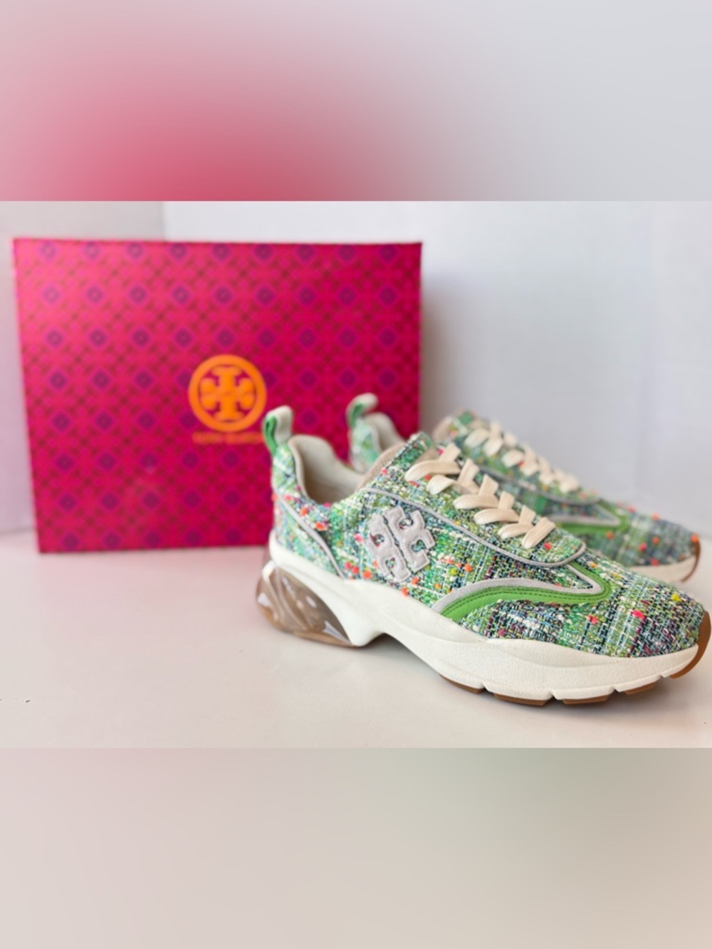Tory Burch Women's Good Luck Trainer Sneakers Tweed Blue Green Size 8